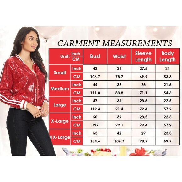Brand New Women Red Polyester Sequin Bomber Jacket Zip Up Track Stripe Ribbed - Picture 6 of 7